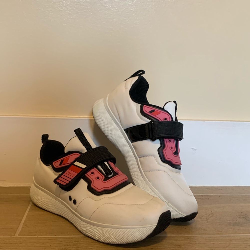 PRADA 3E6322 NYLON WHITE LOW TOP STRAP SNEAKERS